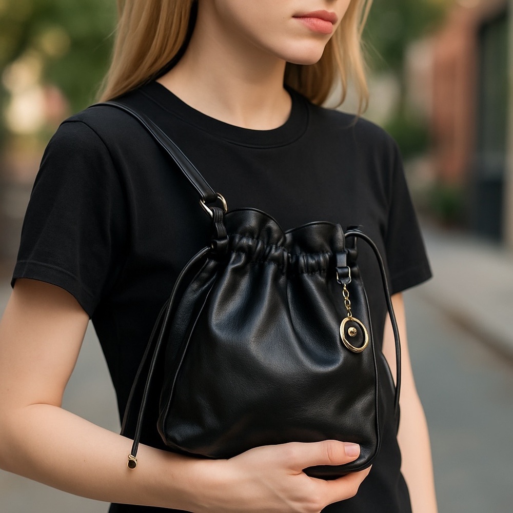 Michael Kors Black Leather‎ Hand Bag Drawstring Dbl Handles Shoulder Strap